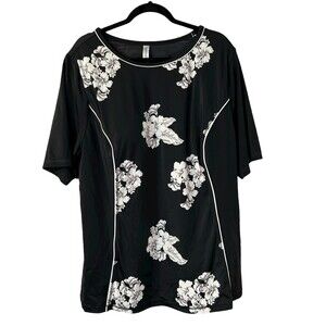 Catherines Black Floral Short Sleeve Swim Shirt Rash Guard Wireless Bra Size 26W
